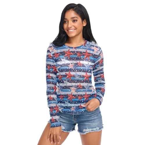 Women's Long Sleeve Mesh Top Red White Blue Striped Stars See